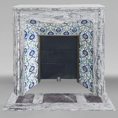 Louis XV style fireplace, Pompadour model, in Bleu Fleuri marble