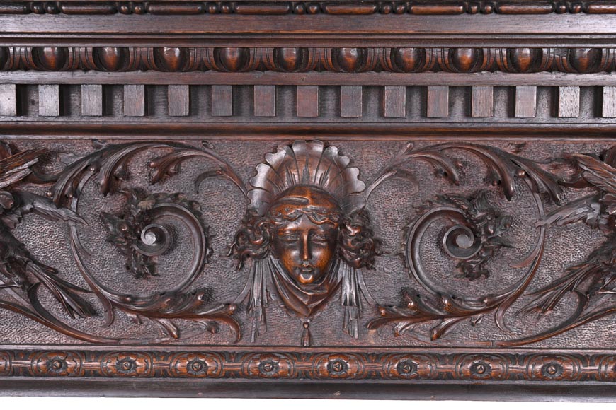 Monumental Italian carved walnut fireplace, Neo-Renaissance style, circa 1880-1