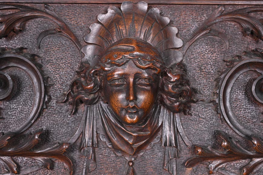 Monumental Italian carved walnut fireplace, Neo-Renaissance style, circa 1880-2