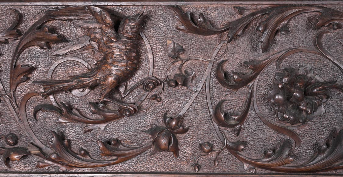 Monumental Italian carved walnut fireplace, Neo-Renaissance style, circa 1880-3