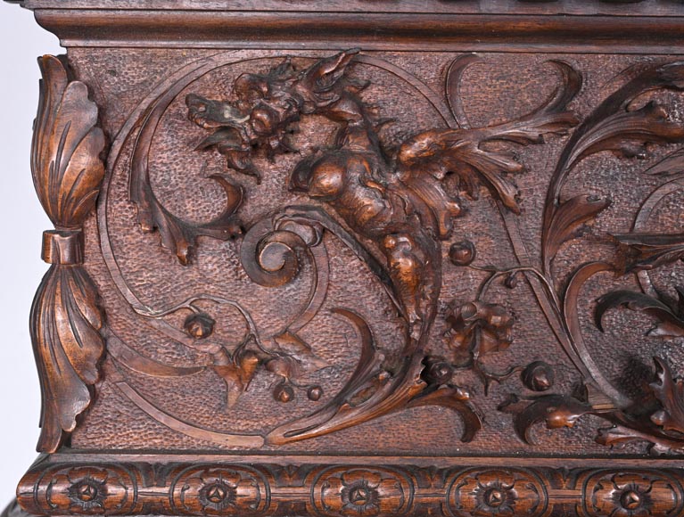 Monumental Italian carved walnut fireplace, Neo-Renaissance style, circa 1880-4