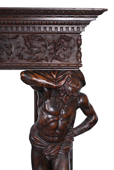 Monumental Italian carved walnut fireplace, Neo-Renaissance style, circa 1880-5