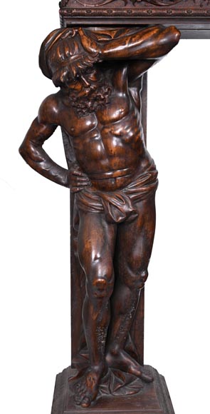 Monumental Italian carved walnut fireplace, Neo-Renaissance style, circa 1880-6