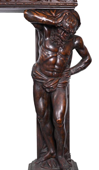 Monumental Italian carved walnut fireplace, Neo-Renaissance style, circa 1880-7