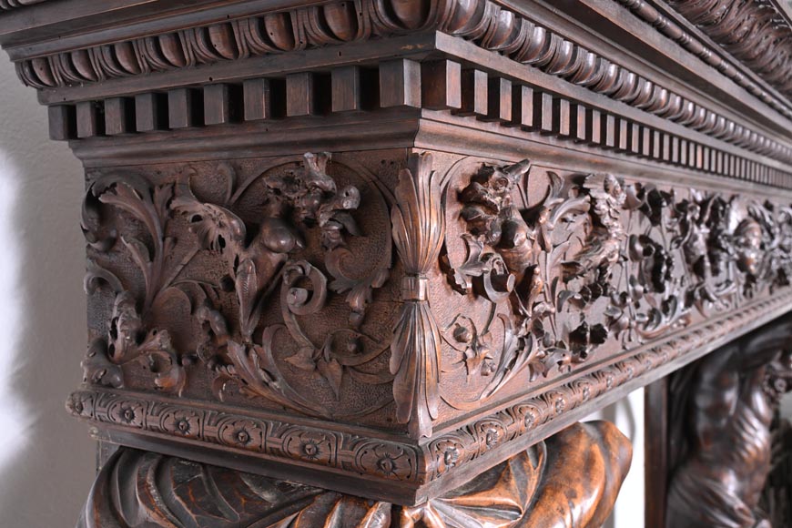 Monumental Italian carved walnut fireplace, Neo-Renaissance style, circa 1880-10