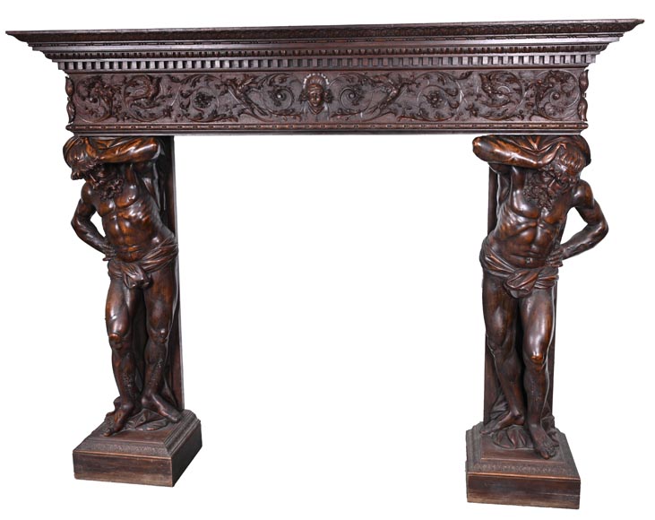 Monumental Italian carved walnut fireplace, Neo-Renaissance style, circa 1880-12