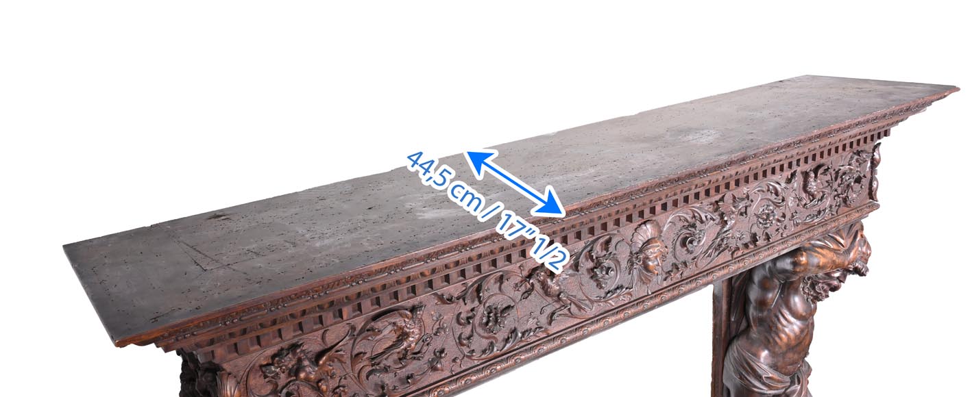 Monumental Italian carved walnut fireplace, Neo-Renaissance style, circa 1880-14