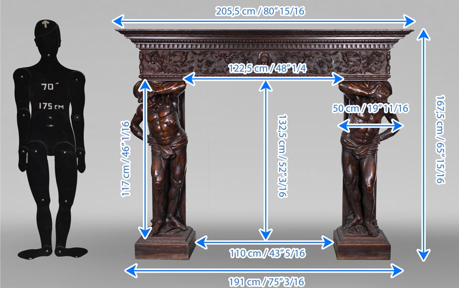 Monumental Italian carved walnut fireplace, Neo-Renaissance style, circa 1880-15