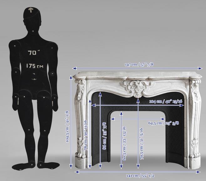 Louis XV style fireplace in Carrara marble, decorated with a palmette Louis XV style fireplace in Carrara marble, decorated with a palmette-11