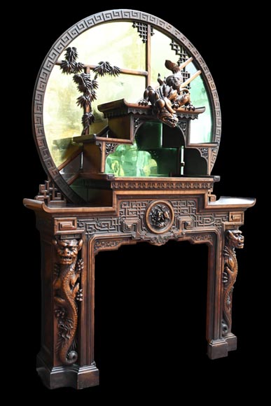 Gabriel VIARDOT (1830-1901) – Japanese-style fireplace in stained sycamore wood, topped with a dragon and an imposing circular mirror Gabriel VIARDOT (1830-1901) – Japanese-style fireplace in stained sycamore wood, topped with a dragon and an imposing circular mirror-12