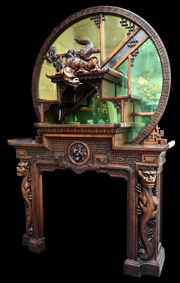 Gabriel VIARDOT (1830-1901) – Japanese-style fireplace in stained sycamore wood, topped with a dragon and an imposing circular mirror Gabriel VIARDOT (1830-1901) – Japanese-style fireplace in stained sycamore wood, topped with a dragon and an imposing circular mirror-13