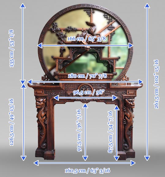 Gabriel VIARDOT (1830-1901) – Japanese-style fireplace in stained sycamore wood, topped with a dragon and an imposing circular mirror Gabriel VIARDOT (1830-1901) – Japanese-style fireplace in stained sycamore wood, topped with a dragon and an imposing circular mirror-16