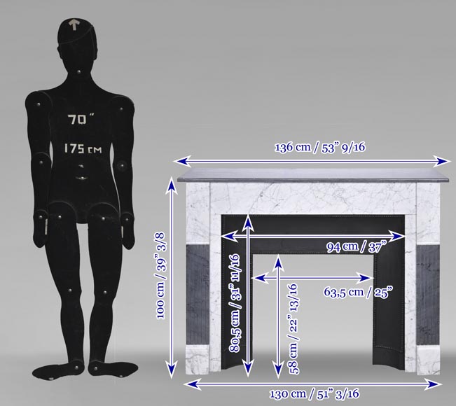Two-tone Art Deco style fireplace in Carrara marble and dark Turquin-11