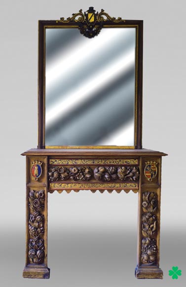 Wall-mounted fireplace with trumeau, carved and gilded wood, elements from the 18th and 19th centuries-0