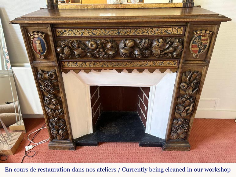 Wall-mounted fireplace with trumeau, carved and gilded wood, elements from the 18th and 19th centuries-1