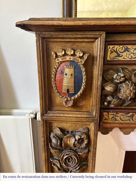 Wall-mounted fireplace with trumeau, carved and gilded wood, elements from the 18th and 19th centuries-3