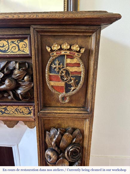 Wall-mounted fireplace with trumeau, carved and gilded wood, elements from the 18th and 19th centuries-4