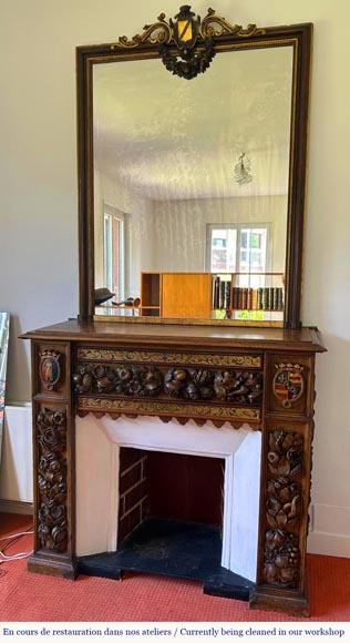 Wall-mounted fireplace with trumeau, carved and gilded wood, elements from the 18th and 19th centuries-5