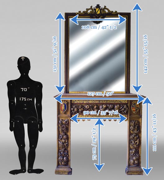 Wall-mounted fireplace with trumeau, carved and gilded wood, elements from the 18th and 19th centuries-10