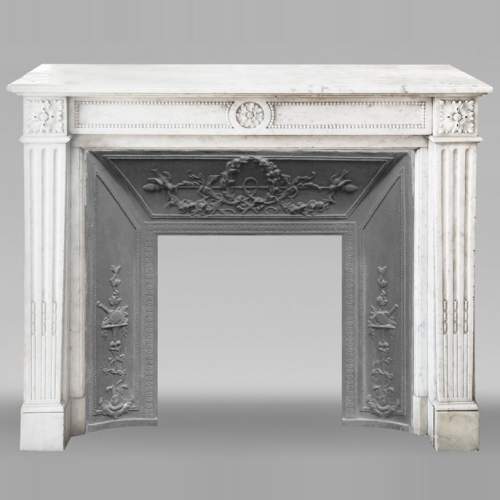 Louis XVI style fireplace with pearl decoration, in Carrara marble