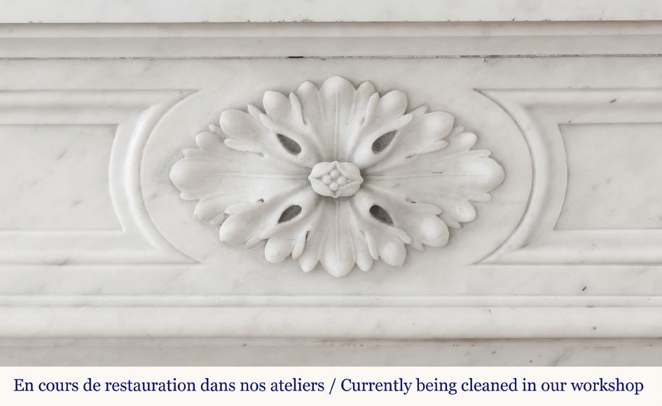 Louis XVI style fireplace in Carrara marble, decorated with acanthus leaves-1