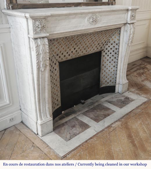 Louis XVI style fireplace in Carrara marble, decorated with acanthus leaves-2