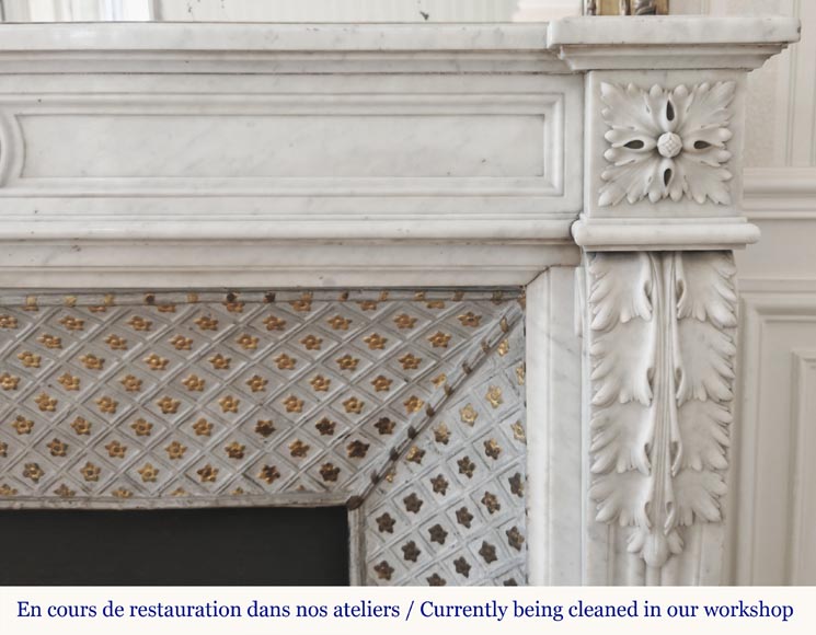 Louis XVI style fireplace in Carrara marble, decorated with acanthus leaves-6