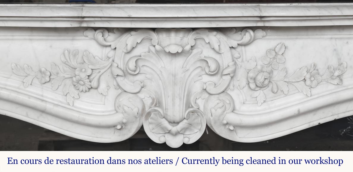 Louis XV style fireplace in Carrara marble richly carved with plant motifs Louis XV style fireplace in Carrara marble richly carved with plant motifs-1