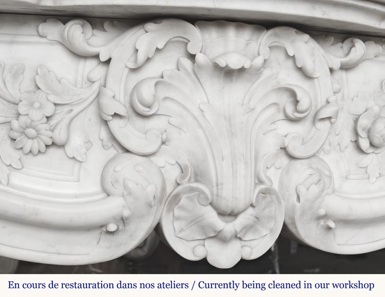 Louis XV style fireplace in Carrara marble richly carved with plant motifs Louis XV style fireplace in Carrara marble richly carved with plant motifs-2