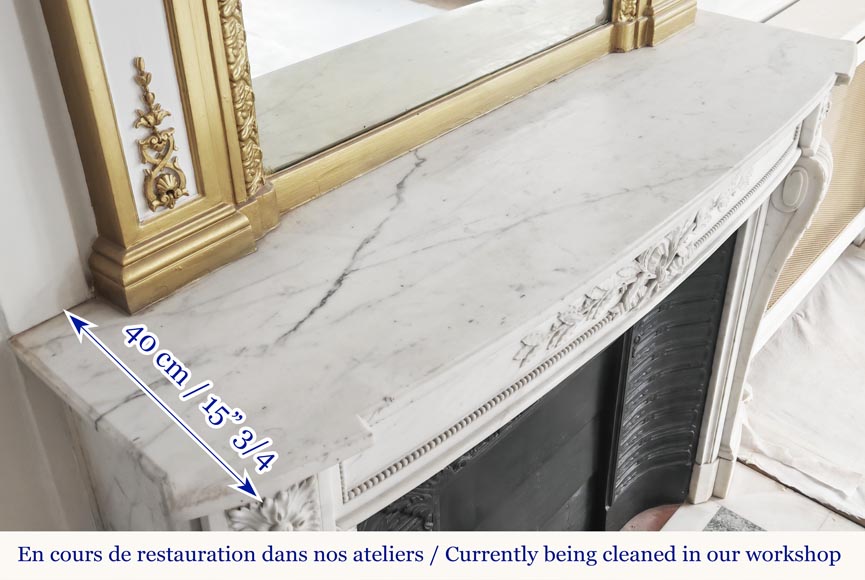 Curved Louis XVI style fireplace with beaded decoration, in semi-statuary marble. Curved Louis XVI style fireplace with beaded decoration, in semi-statuary marble.-13