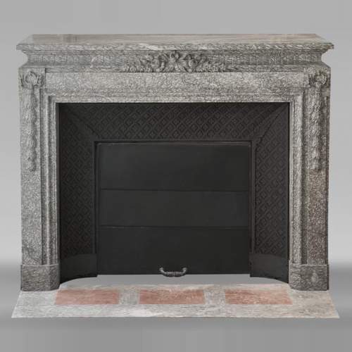Napoleon III style fireplace with floral decoration, in green Estours marble