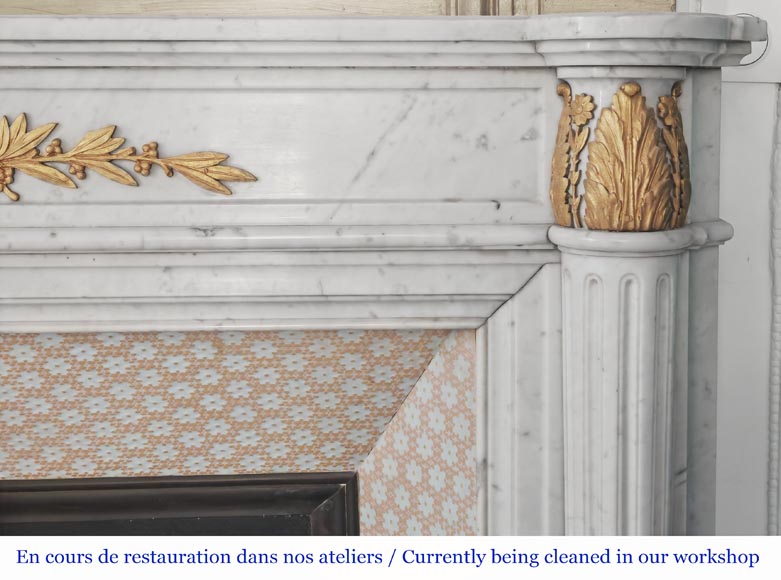 Louis XVI style fireplace with half-columns and bronze decorations, in Carrara marble Louis XVI style fireplace with half-columns and bronze decorations, in Carrara marble-9