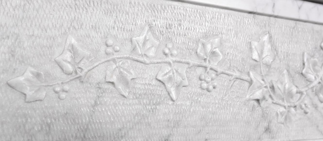 Louis XVI period fireplace with carved fruit decoration, in veined Carrara marble-4