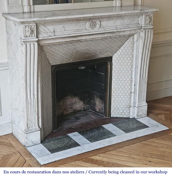 Louis XVI style fireplace in semi-statuary marble, decorated with a sunflower Louis XVI style fireplace in semi-statuary marble, decorated with a sunflower-2