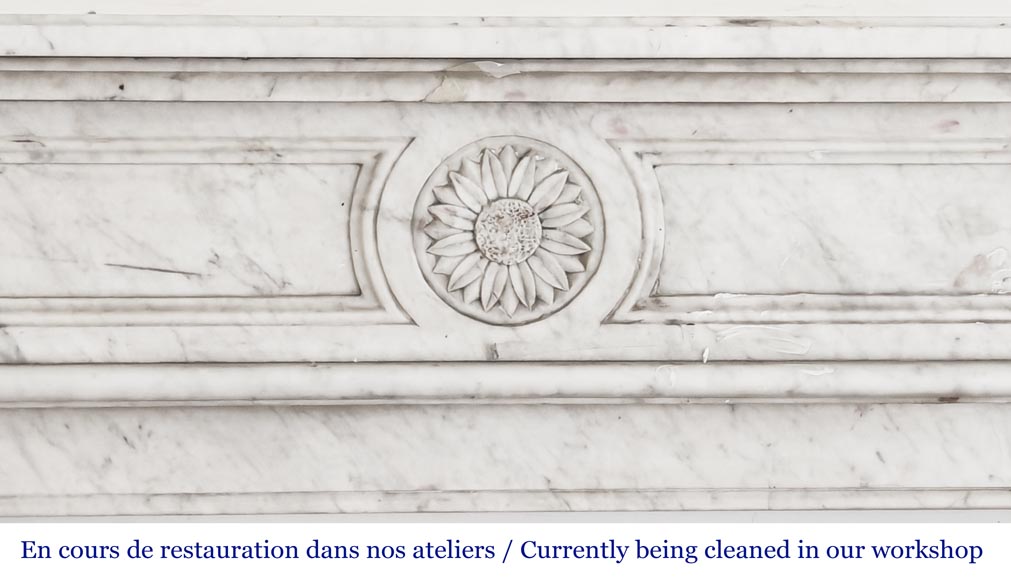 Louis XVI style fireplace adorned with a sunflower, in Carrara marble-1