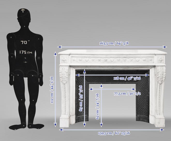 Louis XVI style fireplace decorated with macarons and pearls, in Carrara marble Louis XVI style fireplace decorated with macarons and pearls, in Carrara marble-11