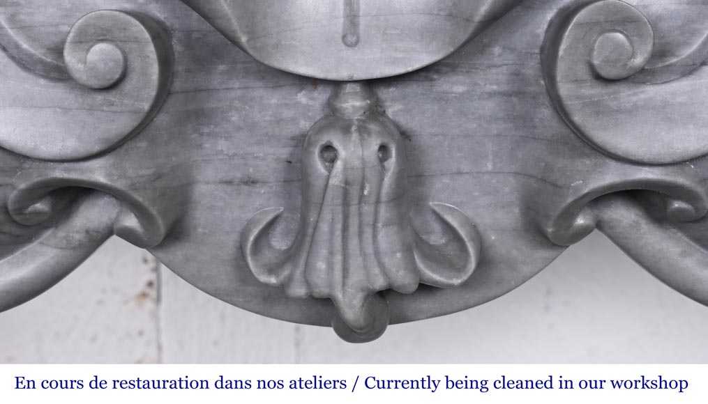 Small Louis XV style fireplace decorated with a shell, in blue Turquin marble-3