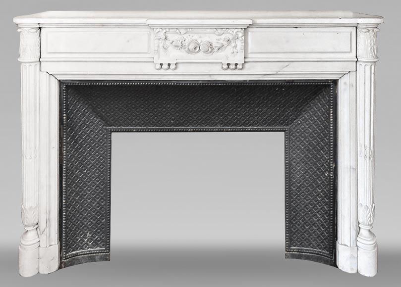 Louis XVI style fireplace with half-column and floral garland, in semi-statuary marble-0
