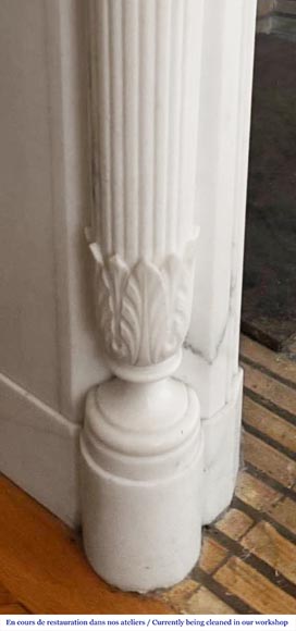 Louis XVI style fireplace with half-column and floral garland, in semi-statuary marble-4