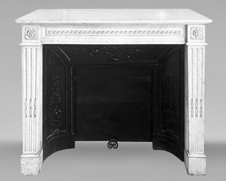 Louis XVI style fireplace in Carrara marble, decorated with ribbons and floral rosettes-0