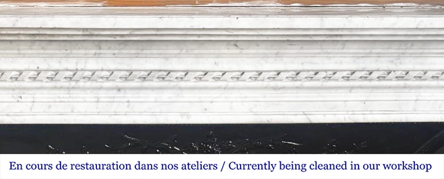 Louis XVI style fireplace in Carrara marble, decorated with ribbons and floral rosettes-1