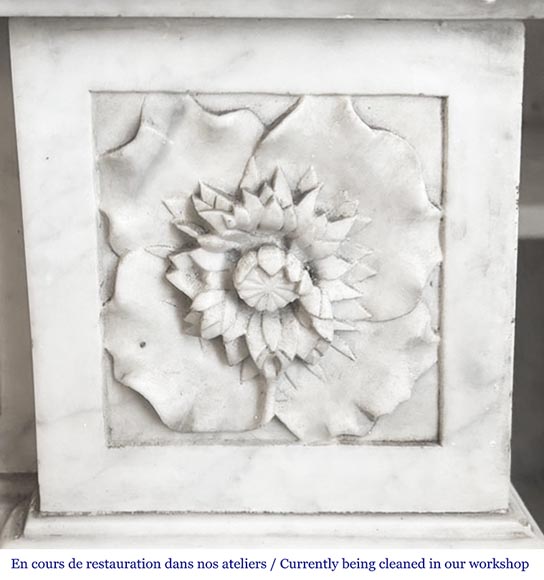 Louis XVI style fireplace in Carrara marble, decorated with ribbons and floral rosettes-5