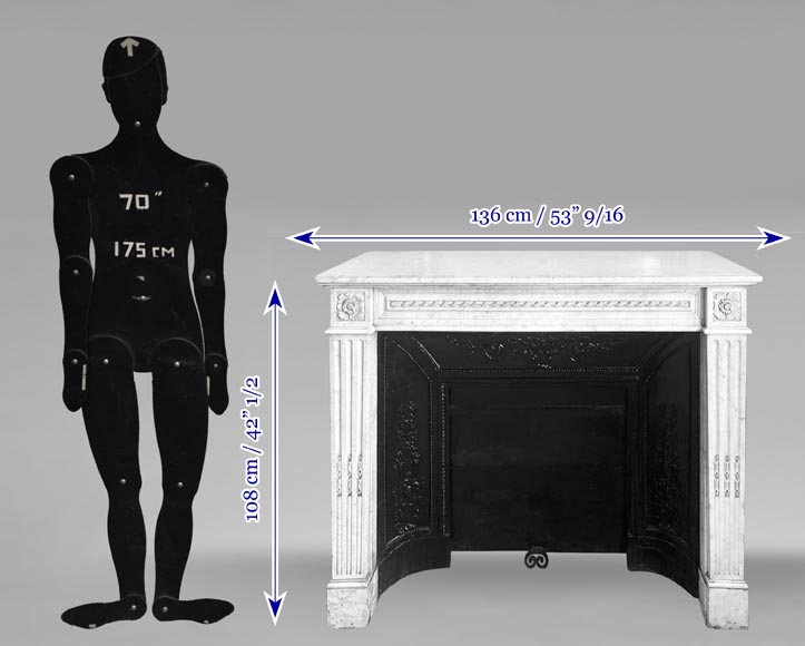 Louis XVI style fireplace in Carrara marble, decorated with ribbons and floral rosettes-8