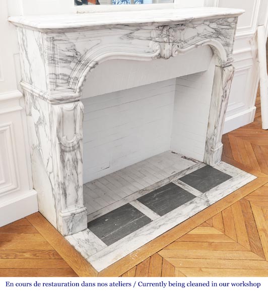 Louis XV style fireplace with asymmetrical palmette, in arabescato marble-4