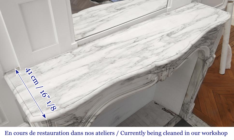 Louis XV style fireplace with asymmetrical palmette, in arabescato marble-10