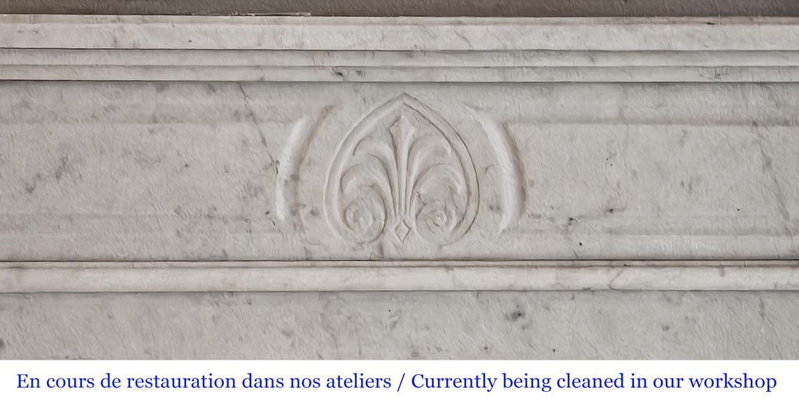 Louis XVI style fireplace in Carrara marble, decorated with a palmette Louis XVI style fireplace in Carrara marble, decorated with a palmette-1