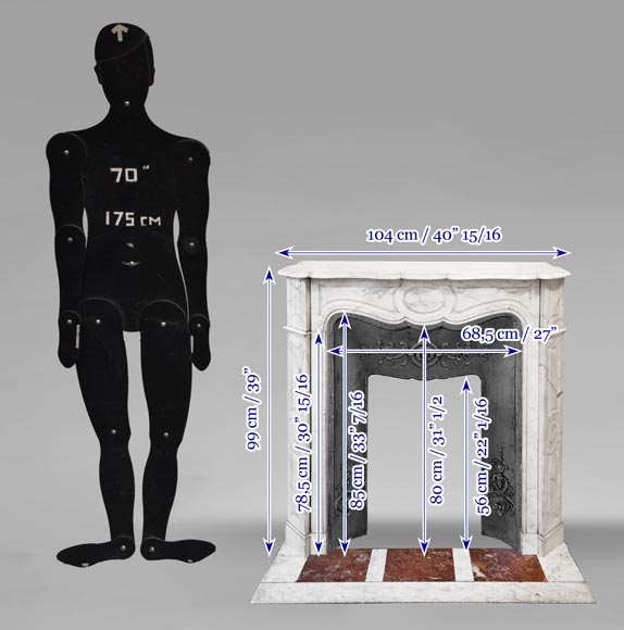 Louis XV style Pompadour model fireplace, in Carrara marble-11