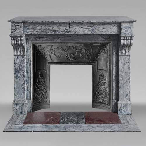 Napoleon III style fireplace with modillions, in blue Turquin marble