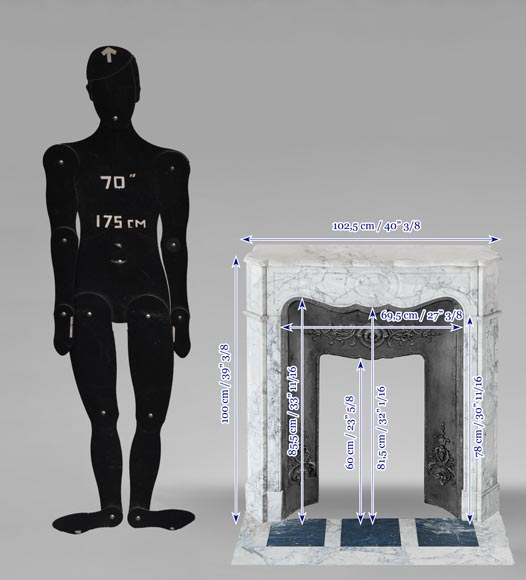 Louis XV style Pompadour model fireplace, in veined Carrara marble Louis XV style Pompadour model fireplace, in veined Carrara marble-10