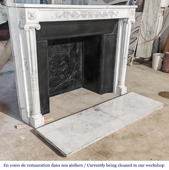 Louis XVI style fireplace in semi-statuary marble, featuring columns and Ionic capitals Louis XVI style fireplace in semi-statuary marble, featuring columns and Ionic capitals-4